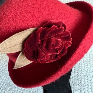 Tess McGuire Red Felted Wool Brimmed Hat w/ Velvet Flower Pin OS Handmade